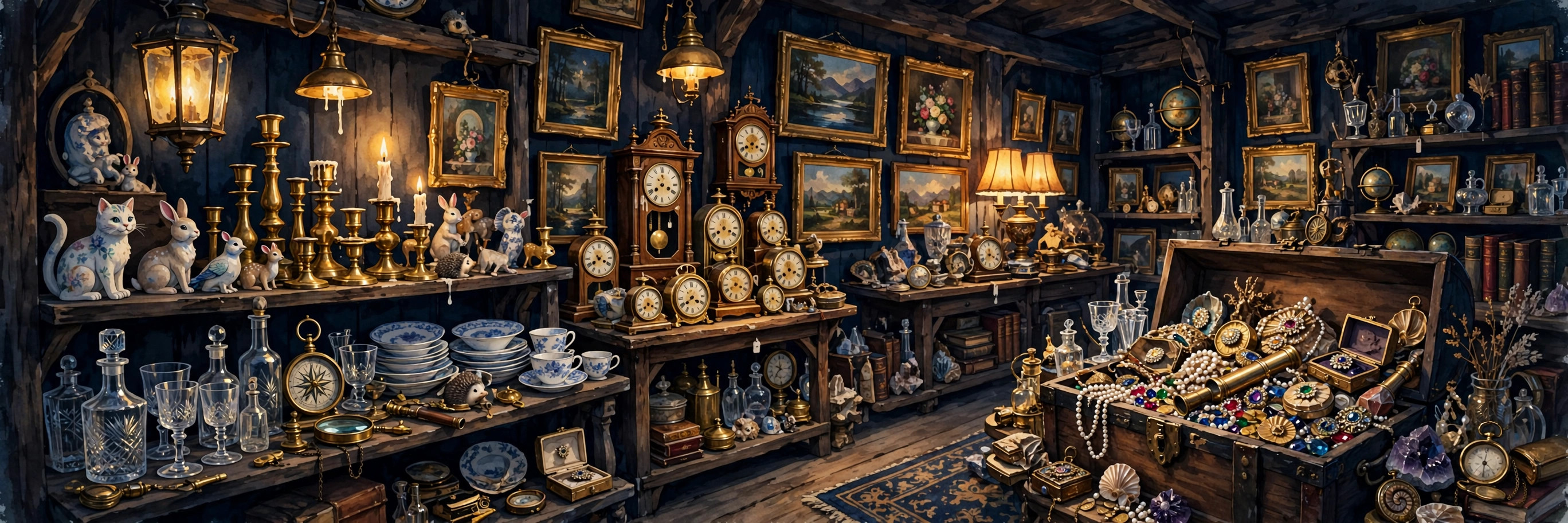 A cozy antiques shop glowing with warm lamplight