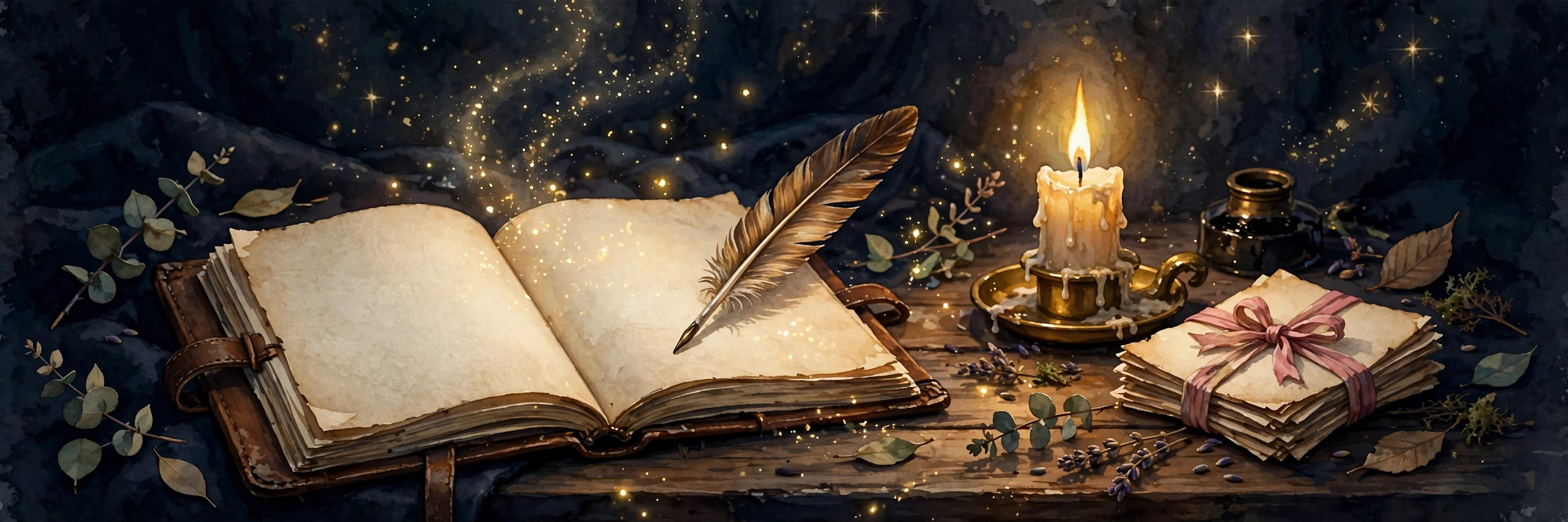 A writer's desk with an open journal and candlelight