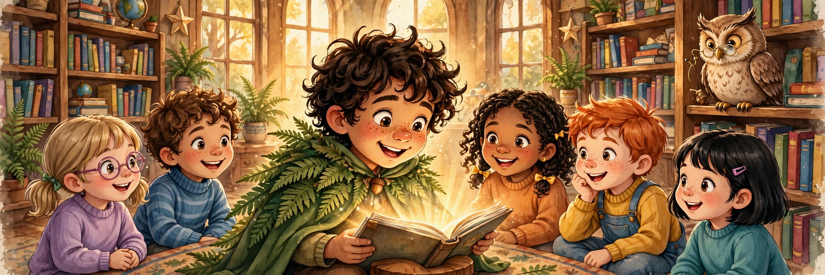 Barnaby reading his glowing storybook to a circle of children in a cozy library, the Wise Owl watching from a bookshelf