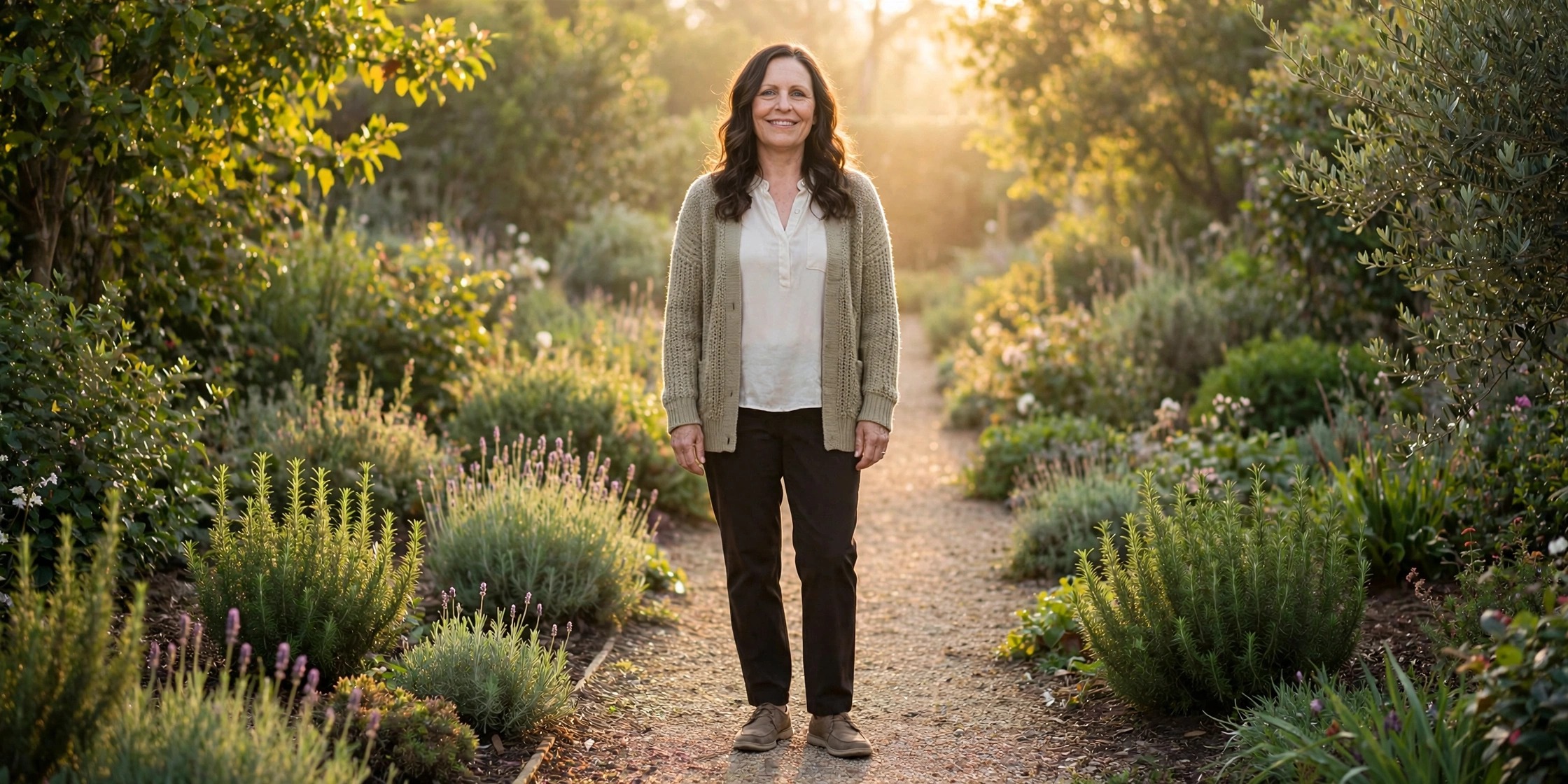 Theresa standing on a sunlit garden path, smiling
