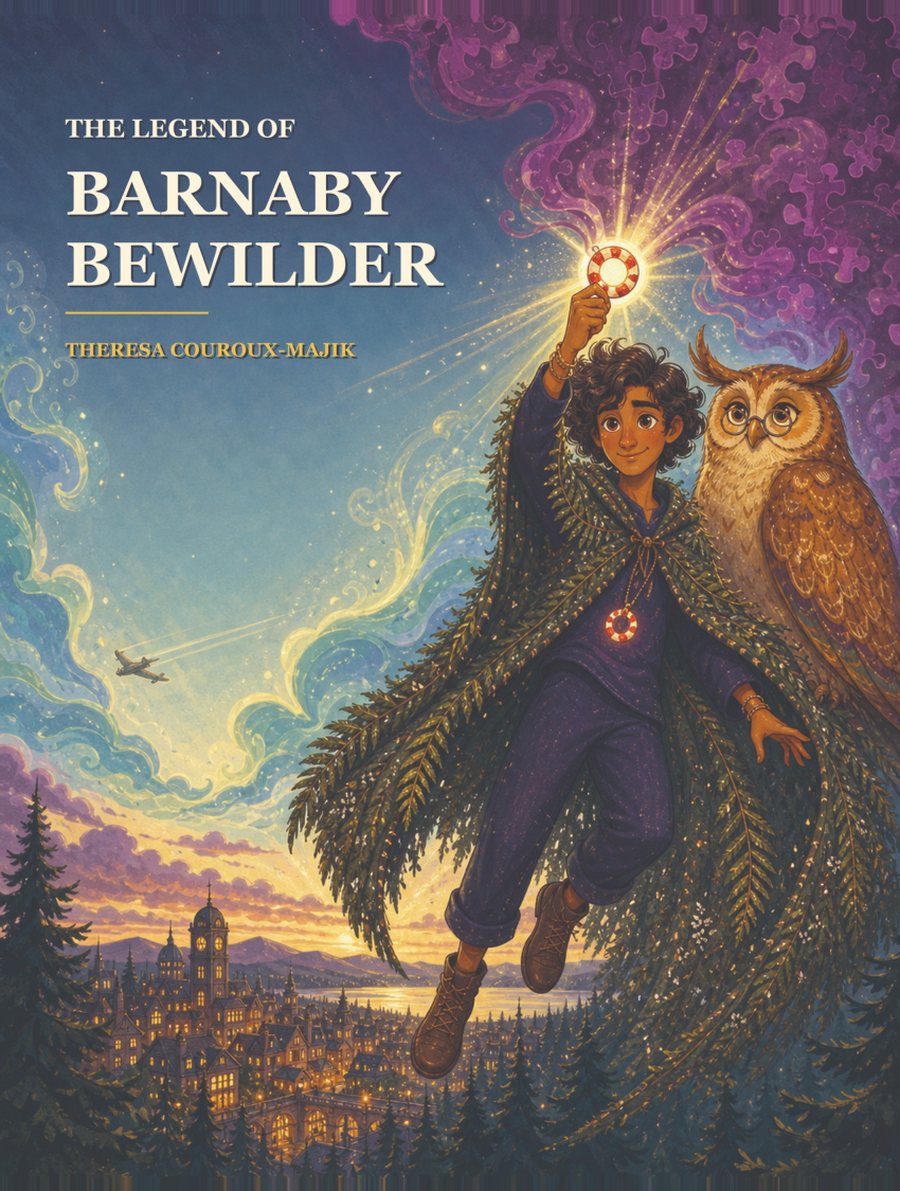 Front cover of The Legend of Barnaby Bewilder: Barnaby holding a glowing ring beside the Wise Owl above the village at dusk