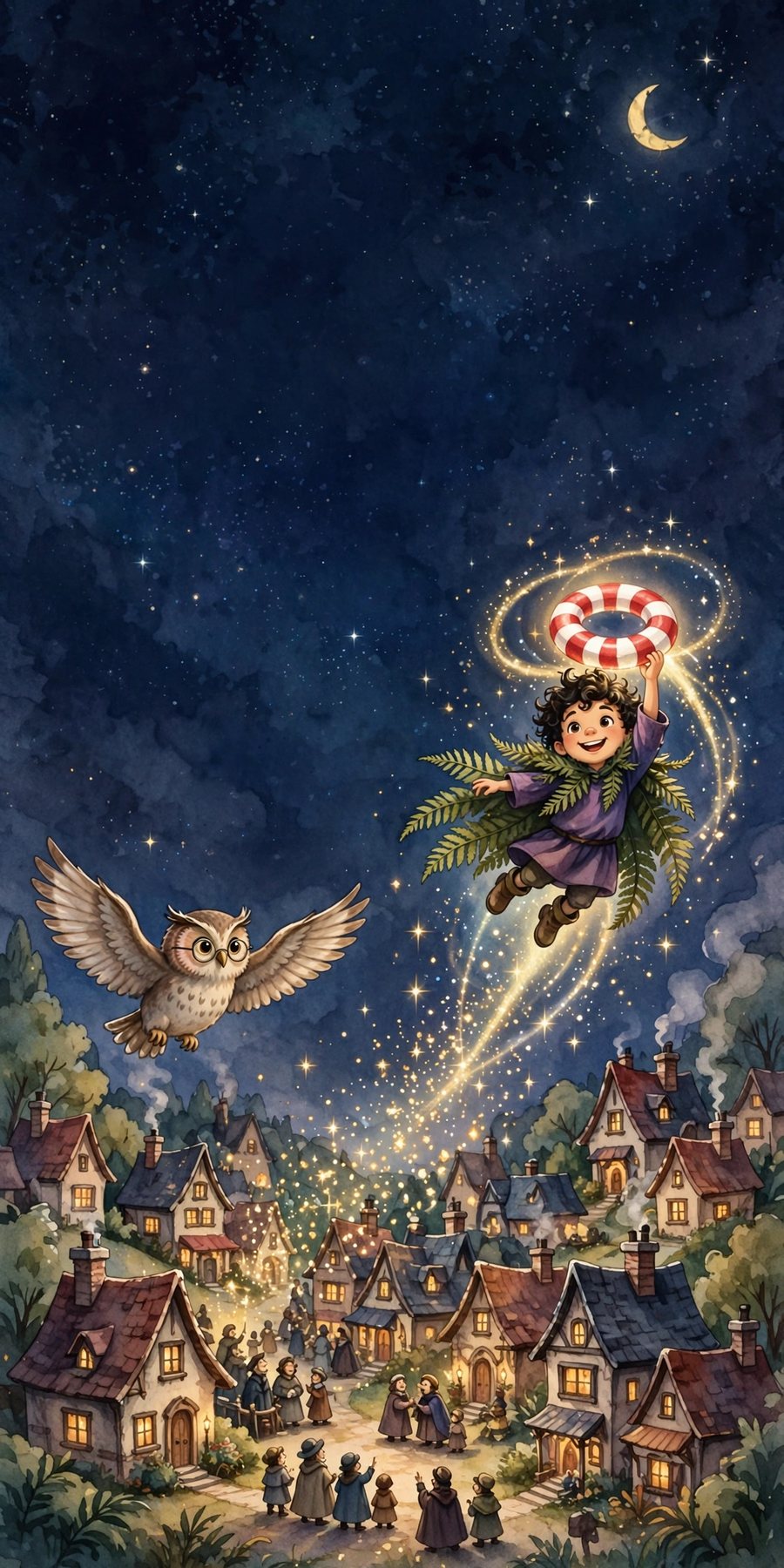 Front cover of The Town of Forgotten Names: Barnaby flying with a glowing ring over the village of Mistlewick at night