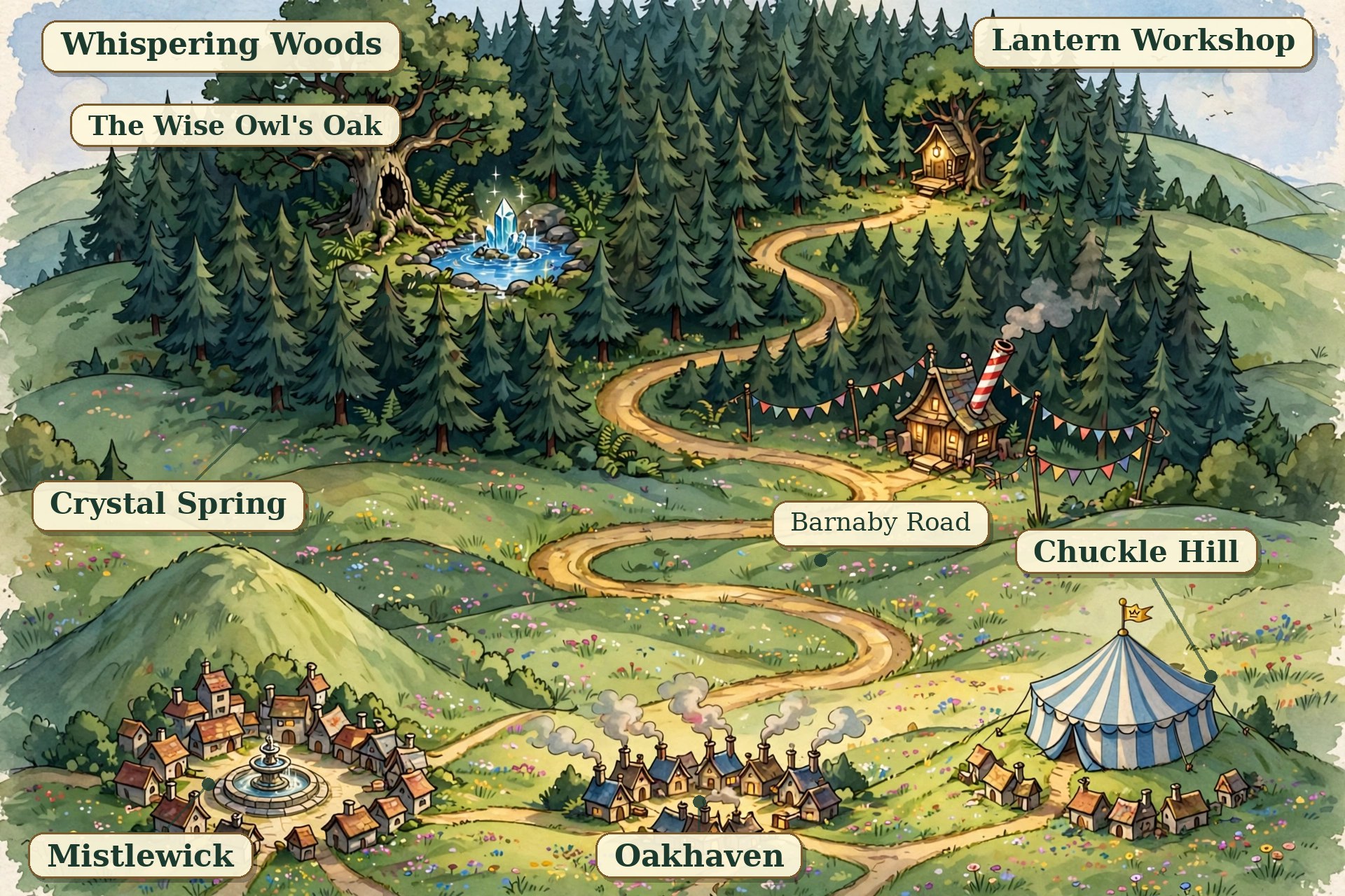 Storybook map of Barnaby's world: Barnaby Road winds from the Whispering Woods, past the Lantern Workshop, down the long green hill to Mistlewick