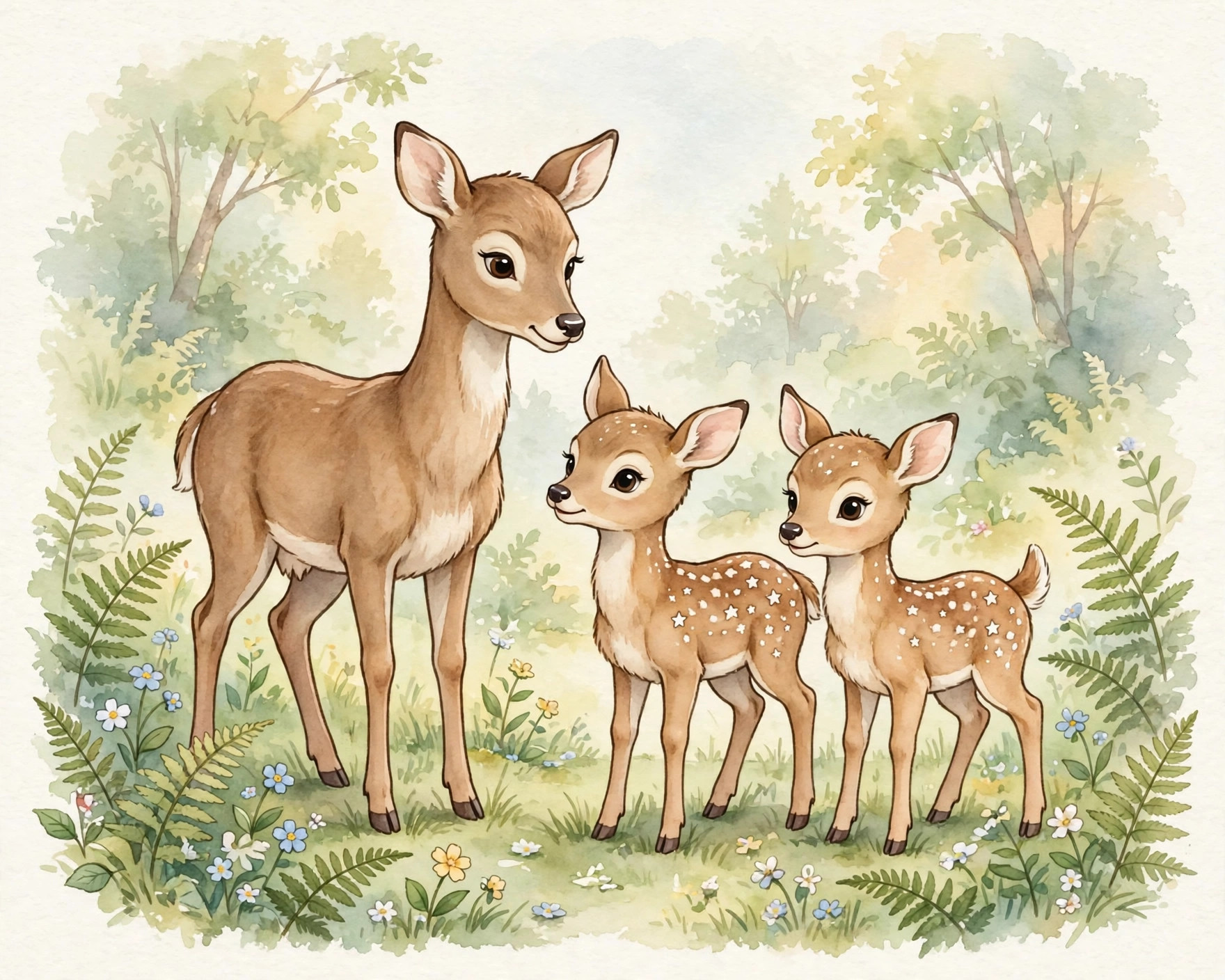 The gentle deer family in the sunlit woods