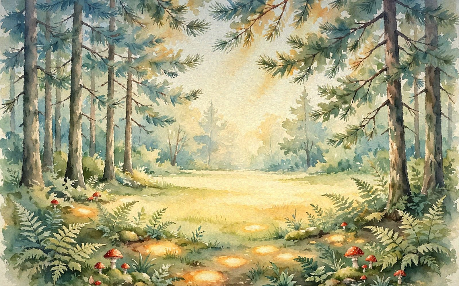 A sunny forest clearing in the Whispering Woods with chipmunks hiding among the ferns and trees