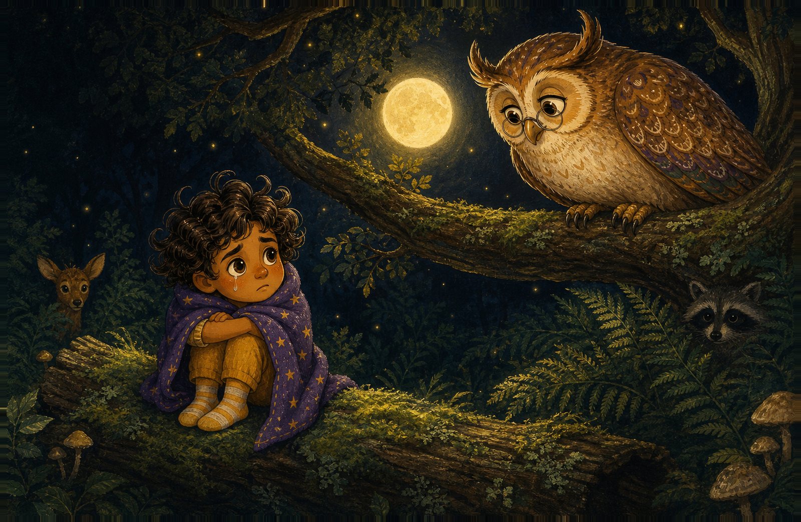 Barnaby and the Wise Owl in the moonlit Whispering Woods