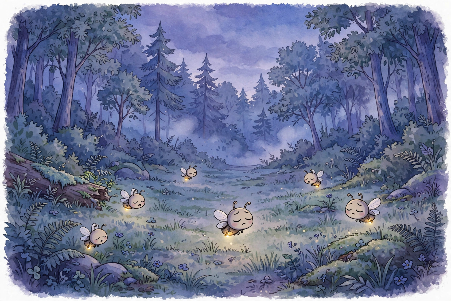 Fireflies with sleepy, dim lights in the dusky Whispering Woods