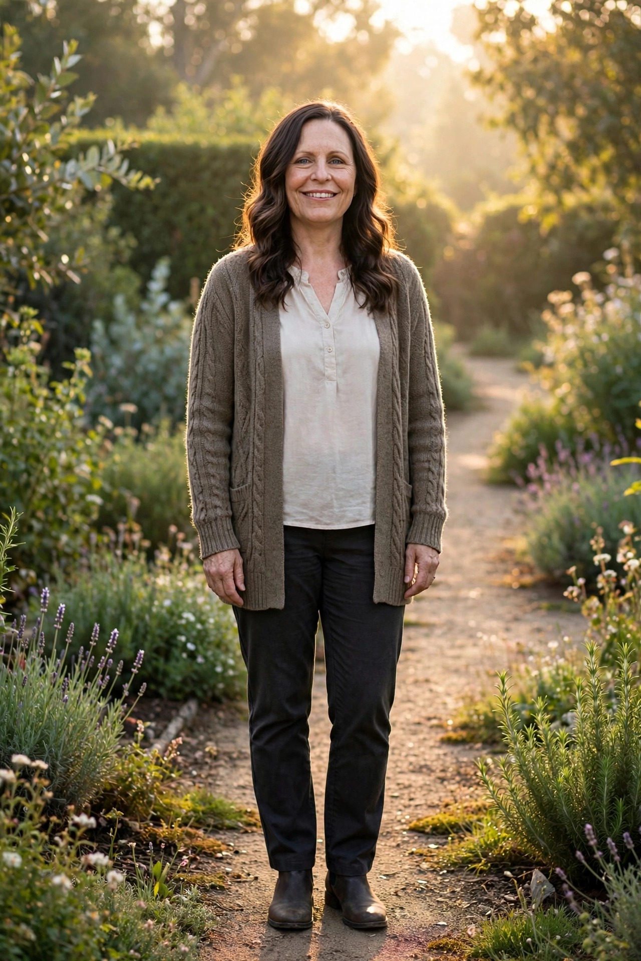 Theresa standing on a sunlit garden path, smiling &mdash; your guide for this course